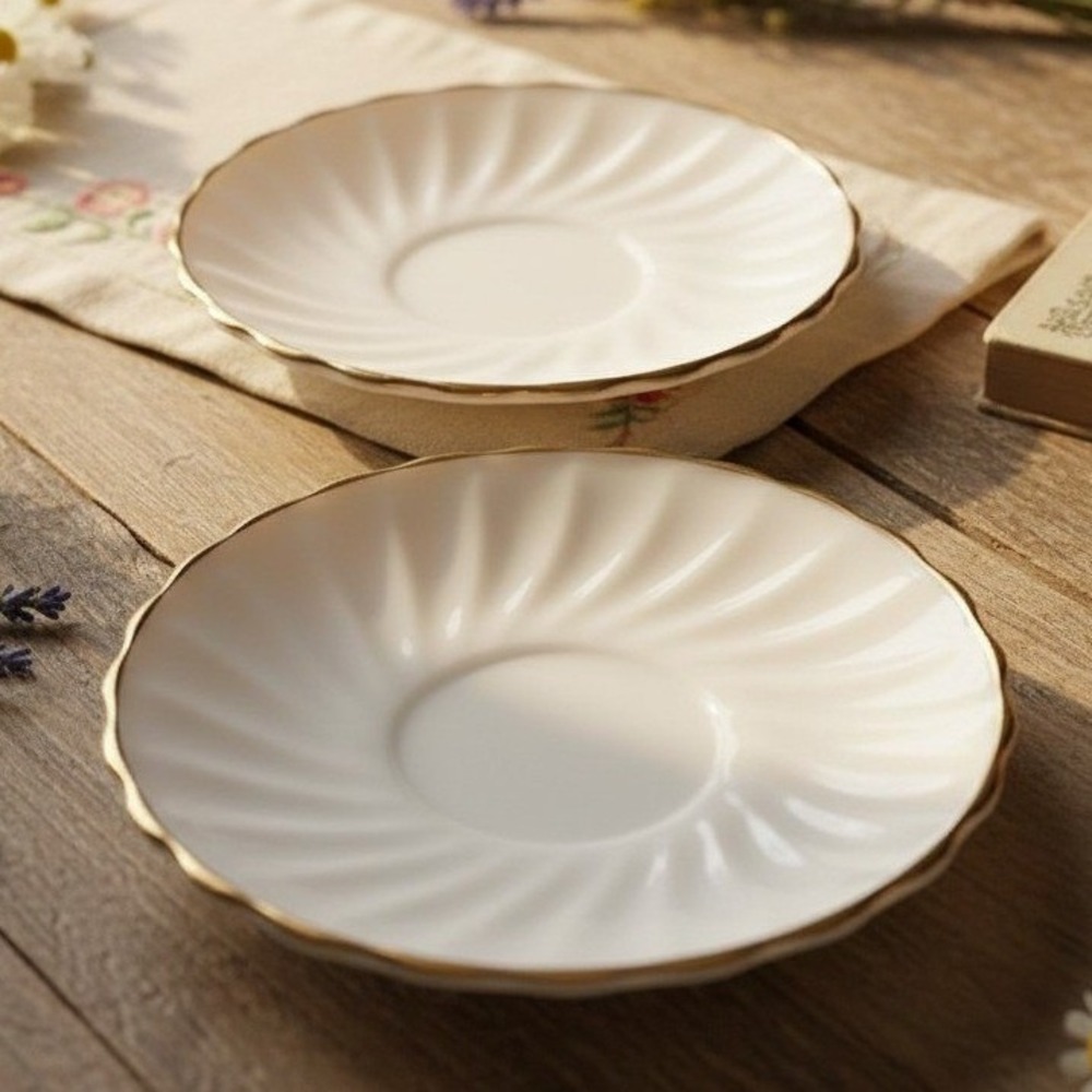 Anchor Hocking Golden Shell Milk Glass Saucer, Set of‎ 2, Mid-Century Dinnerware
